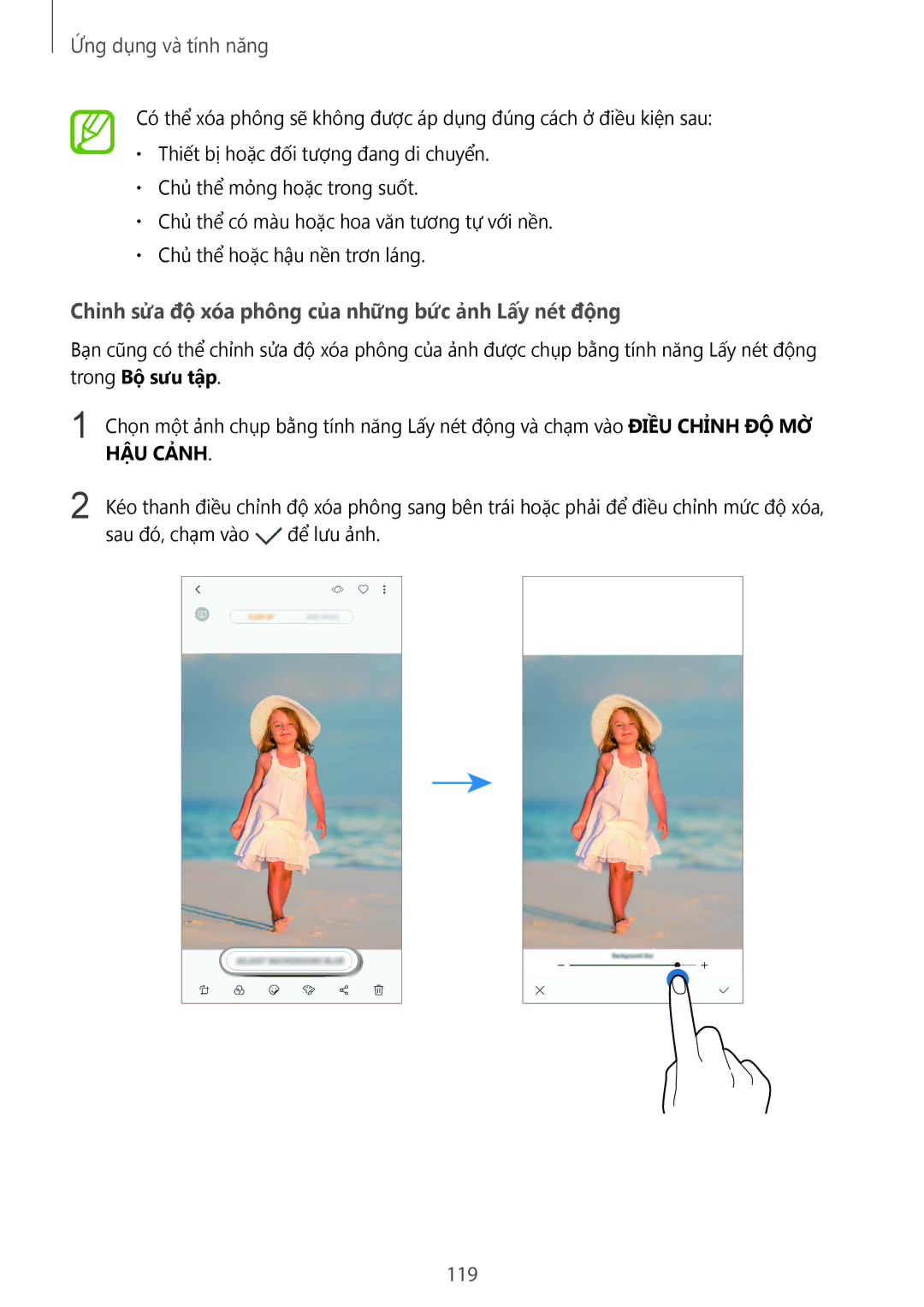Samsung SM-N950FZKDXXV, SM-N950FZDDXXV, SM-N950FZVDXXV manual Chỉnh sửa độ xóa phông của những bức ảnh Lấy nét động, 119 