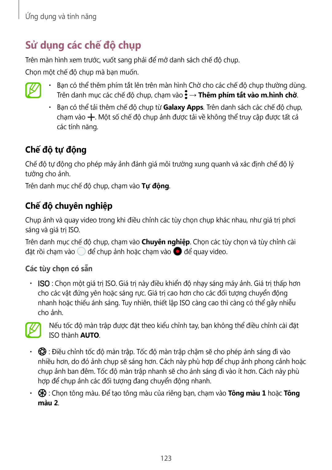 Samsung SM-N950FZDDXXV manual Sử dụng các chế độ chụp, Chế độ tự động, Chế độ chuyên nghiệp, Các tùy chọn có sẵn, 123 
