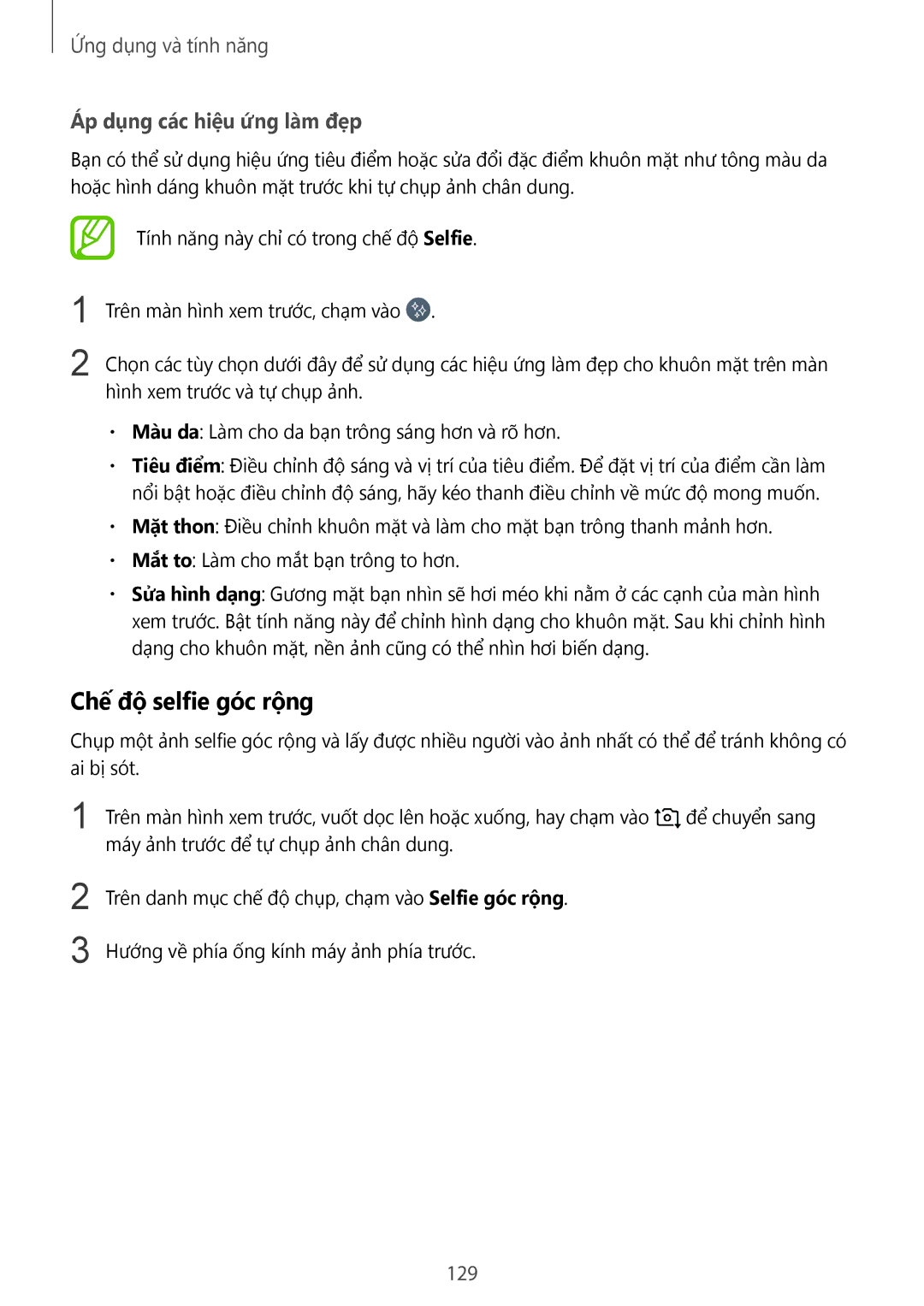 Samsung SM-N950FZDDXXV, SM-N950FZVDXXV, SM-N950FZKDXXV manual Chế độ selfie góc rộng, Áp dụng các hiệu ứng làm đẹp, 129 