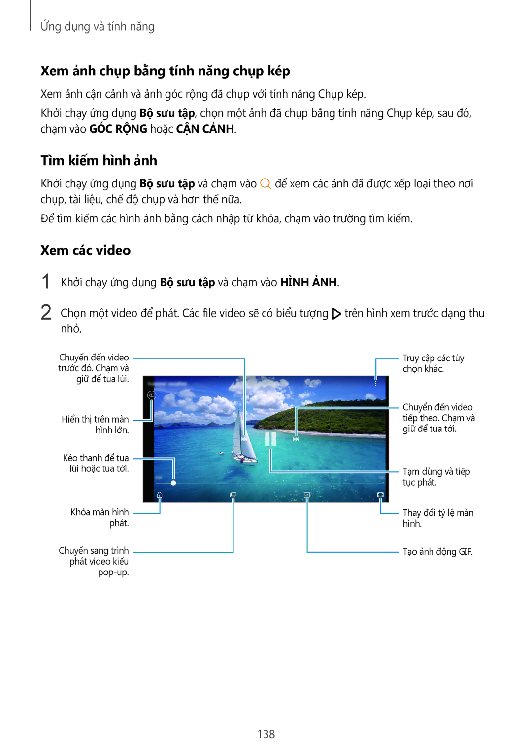 Samsung SM-N950FZDDXXV, SM-N950FZVDXXV manual Xem ảnh chụp bằng tính năng chụp kép, Tìm kiếm hình ảnh, Xem các video, 138 