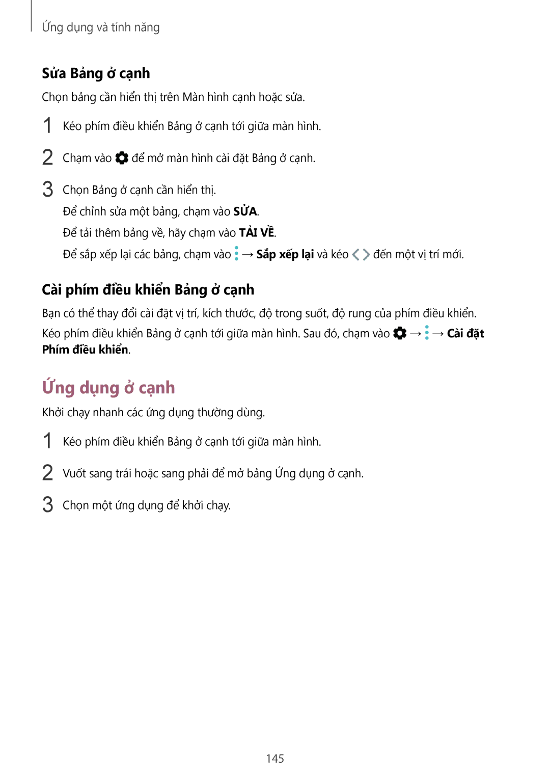 Samsung SM-N950FZVDXXV manual Ứng dụng ở cạnh, Sửa Bảng ở cạnh, Cài phím điều khiển Bảng ở cạnh, 145, Phím điều khiển 