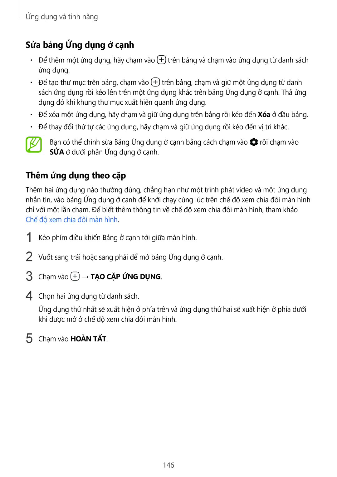 Samsung SM-N950FZKDXXV, SM-N950FZDDXXV Sửa bảng Ứng dụng ở cạnh, Thêm ứng dụng theo cặp, 146, Chạm vào → TẠO CẶP ỨNG DỤ̣NG 