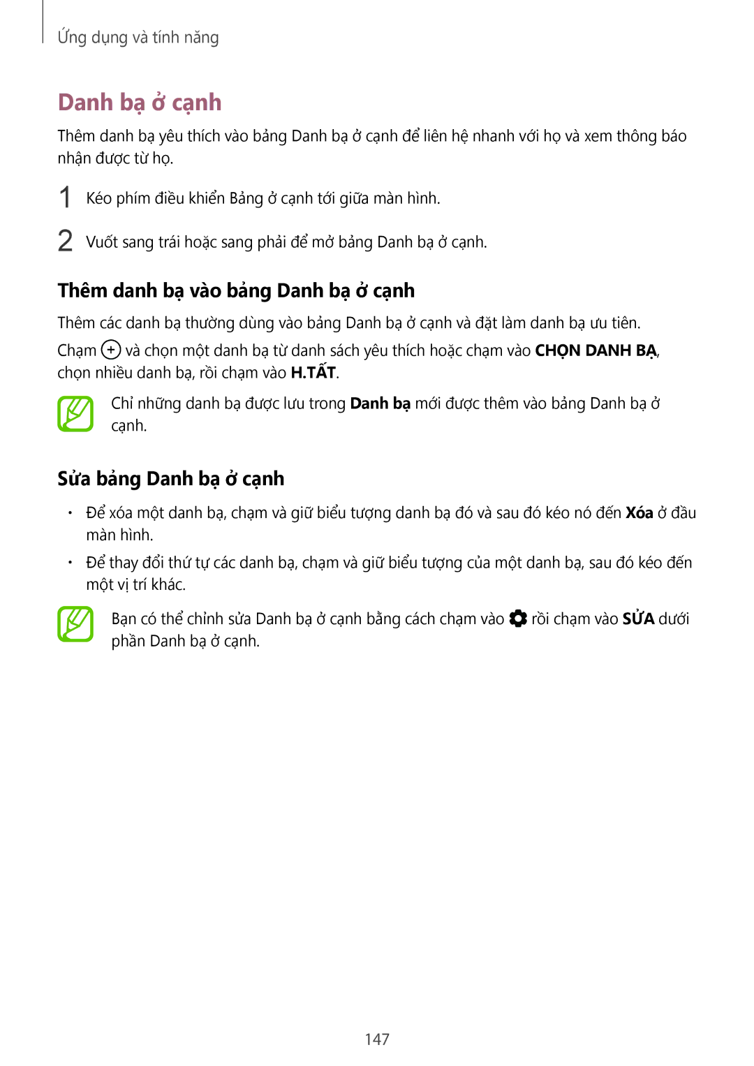 Samsung SM-N950FZDDXXV, SM-N950FZVDXXV manual Thêm danh bạ vào bảng Danh bạ ở cạnh, Sửa bảng Danh bạ ở cạnh, 147 