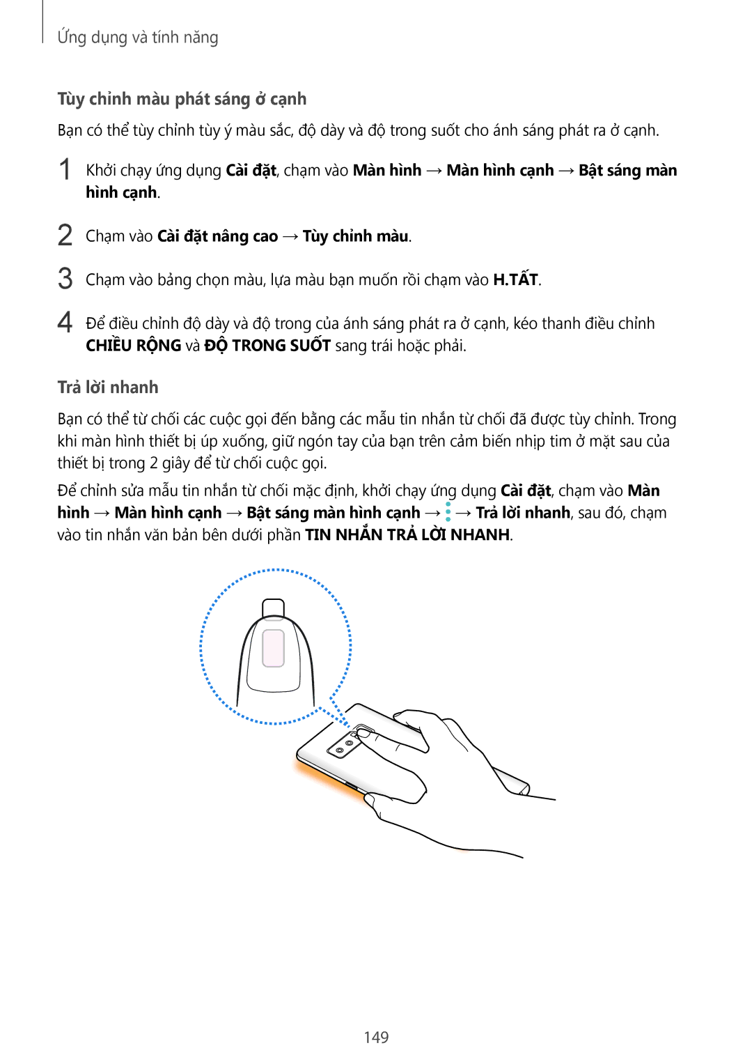 Samsung SM-N950FZKDXXV, SM-N950FZDDXXV, SM-N950FZVDXXV manual Tùy chỉnh màu phát sáng ở cạnh, Trả lời nhanh, 149 