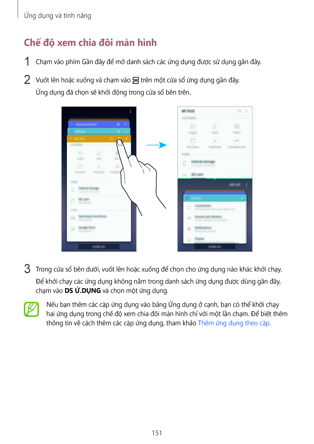 Samsung SM-N950FZVDXXV, SM-N950FZDDXXV, SM-N950FZKDXXV manual Chế độ xem chia đôi màn hình, 151 