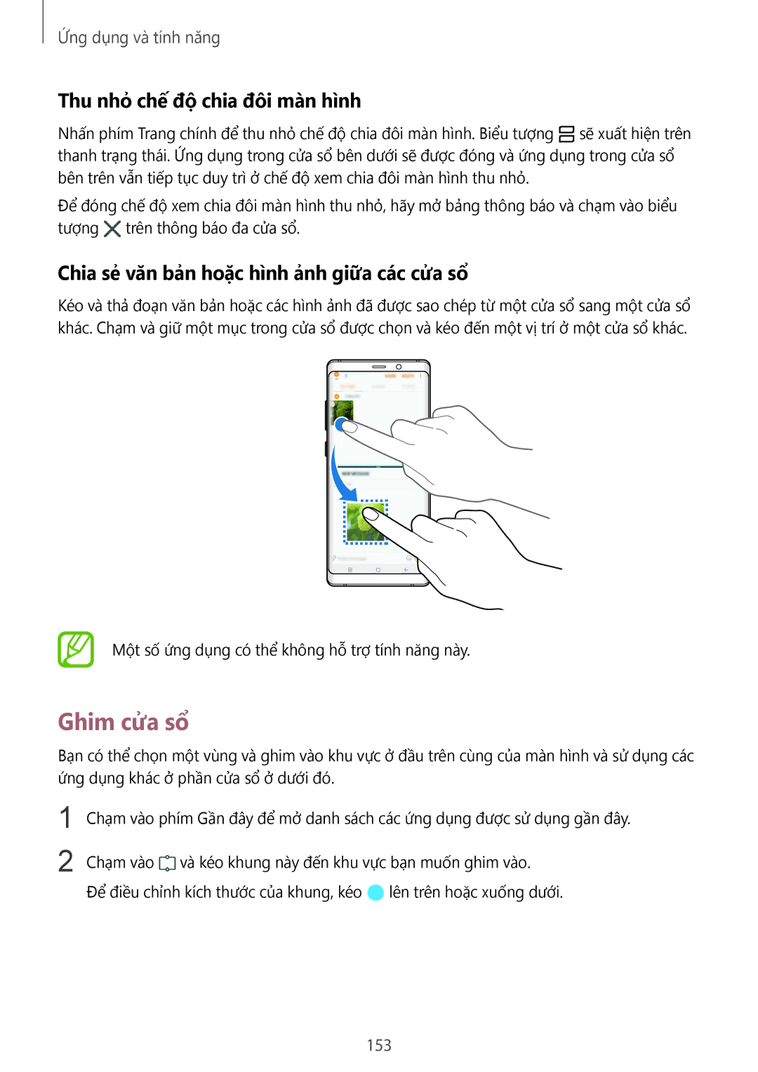 Samsung SM-N950FZDDXXV Ghim cửa sổ, Thu nhỏ chế độ chia đôi màn hình, Chia sẻ văn bản hoặc hình ảnh giữa các cửa sổ, 153 