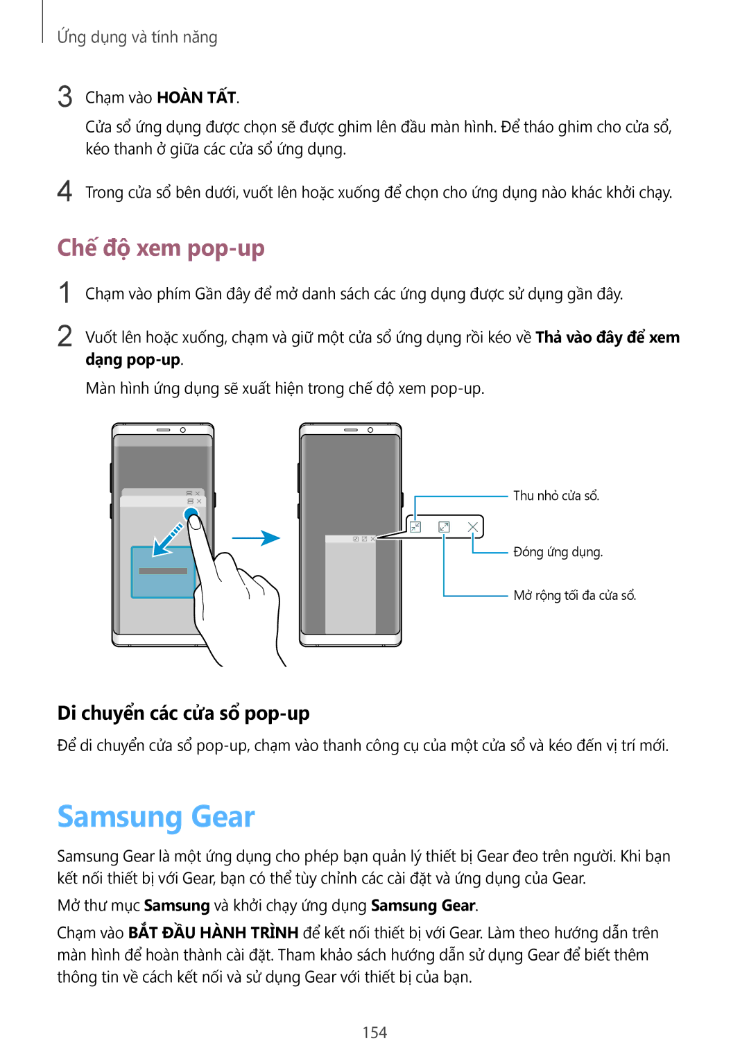 Samsung SM-N950FZVDXXV, SM-N950FZDDXXV, SM-N950FZKDXXV Samsung Gear, Chế độ xem pop-up, Di chuyển các cửa sổ pop-up, 154 