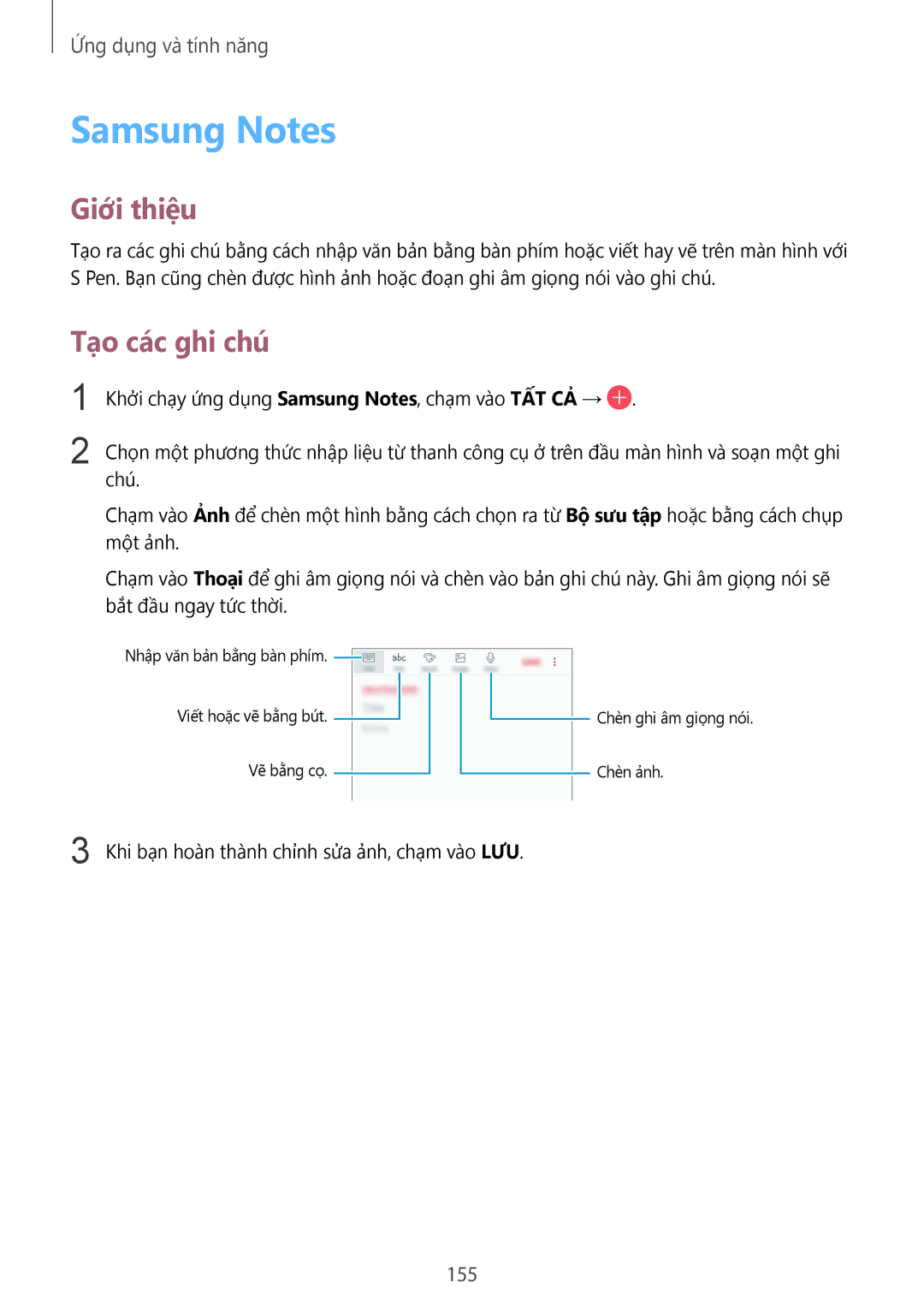 Samsung SM-N950FZKDXXV, SM-N950FZDDXXV, SM-N950FZVDXXV manual Samsung Notes, Tạo các ghi chú, 155 