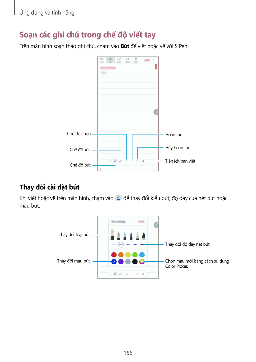 Samsung SM-N950FZDDXXV, SM-N950FZVDXXV, SM-N950FZKDXXV Soạn các ghi chú trong chế độ viết tay, Thay đổi cài đặt bút, 156 