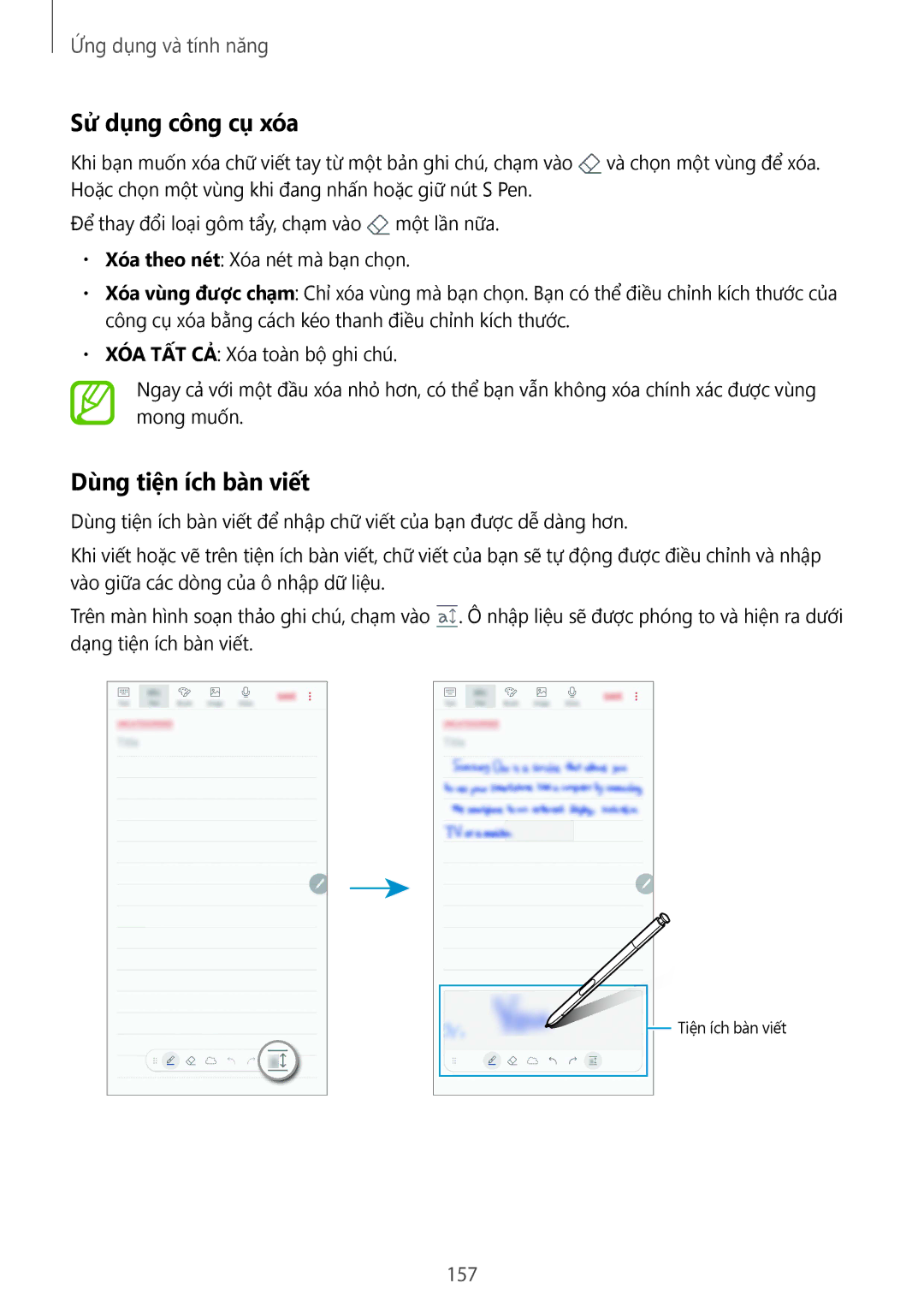 Samsung SM-N950FZVDXXV, SM-N950FZDDXXV, SM-N950FZKDXXV manual Sử dụng công cụ xóa, Dùng tiện ích bàn viết, 157 