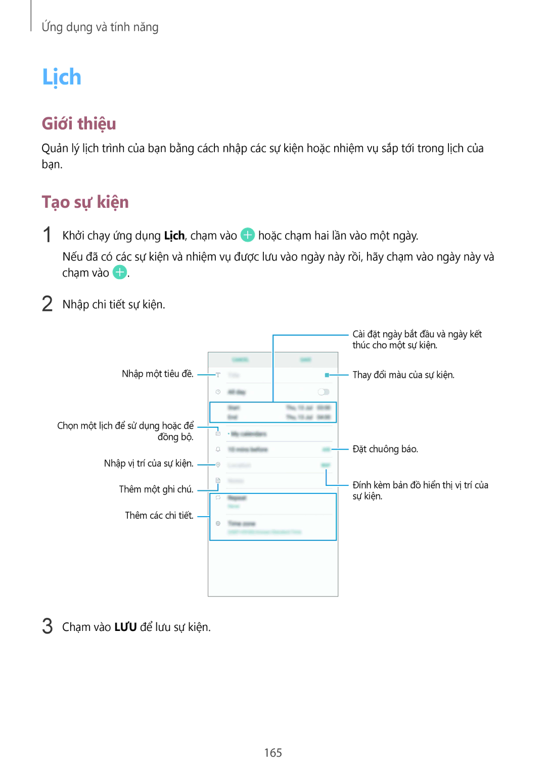 Samsung SM-N950FZDDXXV, SM-N950FZVDXXV, SM-N950FZKDXXV manual Lịch, Tạo sự kiện, 165 