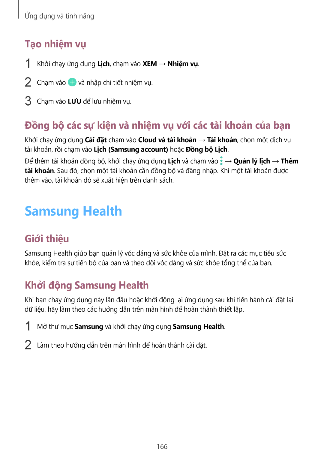 Samsung SM-N950FZVDXXV manual Samsung Health, Tạo nhiệm vụ, Đồng bộ các sự kiện và nhiệm vụ với các tài khoản của bạn, 166 