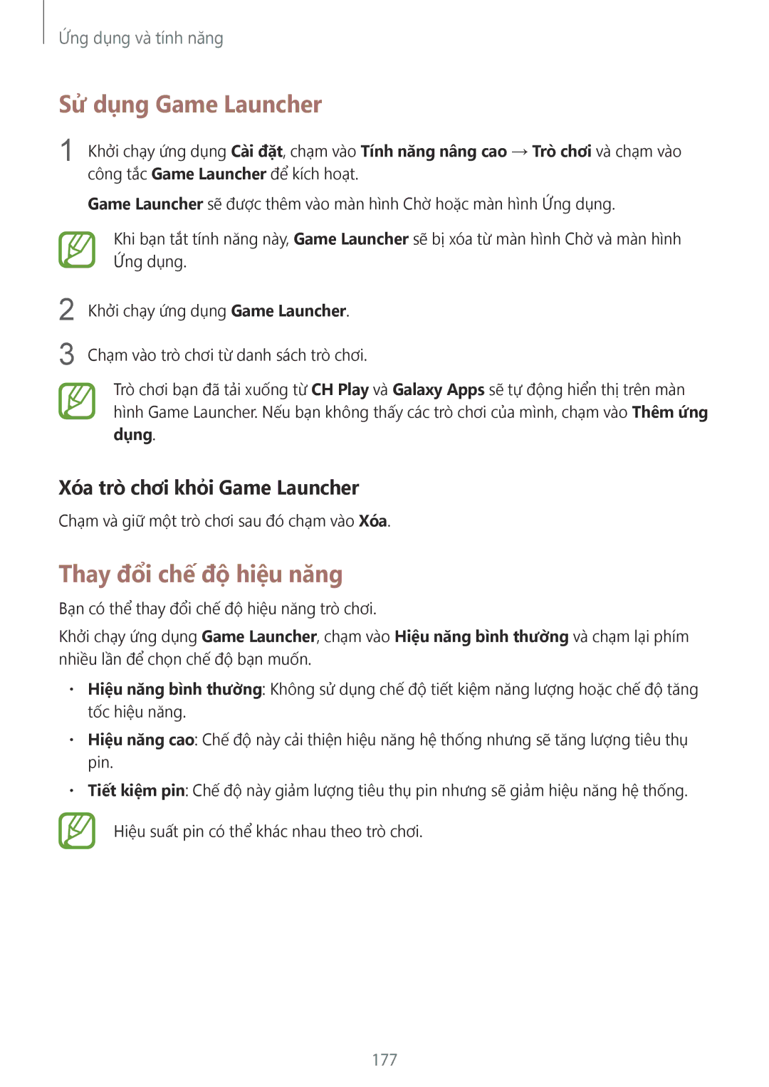 Samsung SM-N950FZDDXXV manual Sử dụng Game Launcher, Thay đổi chế độ hiệu năng, Xóa trò chơi khỏi Game Launcher, 177, Dung 