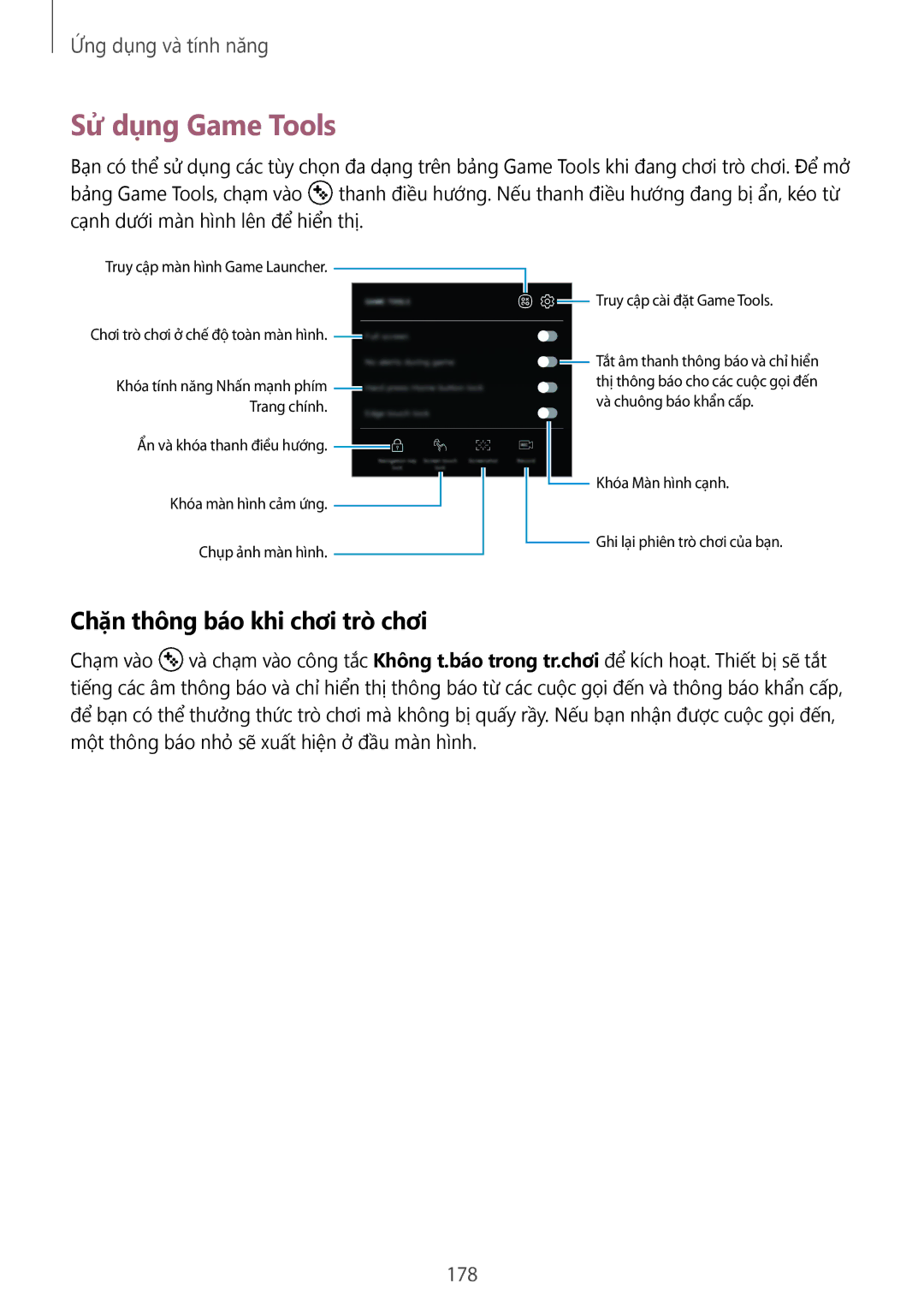 Samsung SM-N950FZVDXXV, SM-N950FZDDXXV, SM-N950FZKDXXV manual Sử dụng Game Tools, Chặn thông báo khi chơi trò chơi, 178 