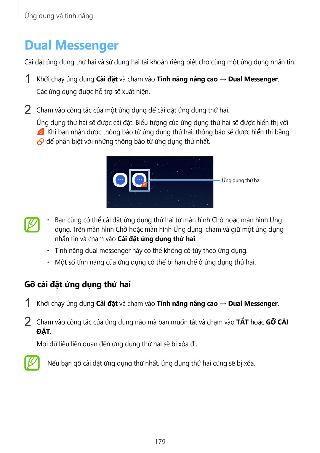 Samsung SM-N950FZKDXXV, SM-N950FZDDXXV, SM-N950FZVDXXV manual Dual Messenger, Gỡ cài đặt ứng dụng thứ hai, 179 