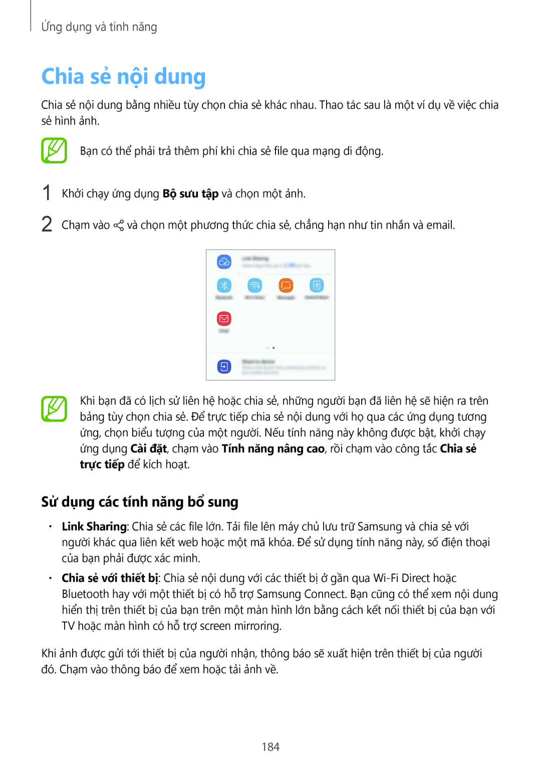 Samsung SM-N950FZVDXXV, SM-N950FZDDXXV, SM-N950FZKDXXV manual Chia sẻ nội dung, Sử dụng các tính năng bổ sung, 184 