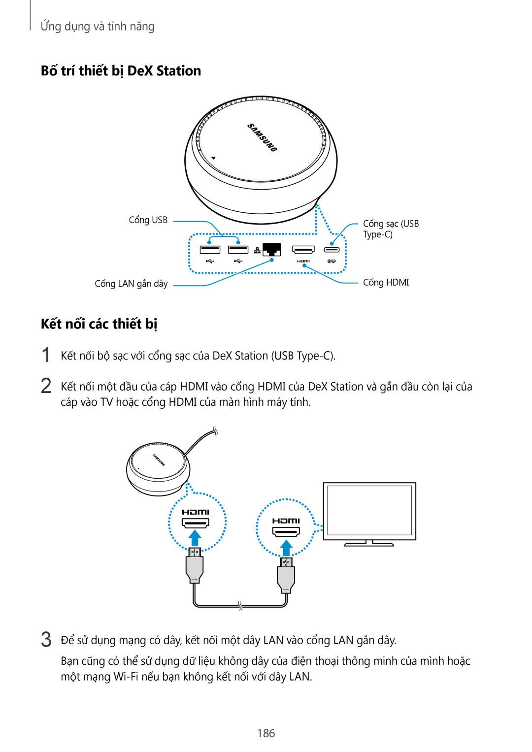 Samsung SM-N950FZDDXXV, SM-N950FZVDXXV, SM-N950FZKDXXV manual Bố trí thiết bị DeX Station, Kết nối các thiết bị, 186 