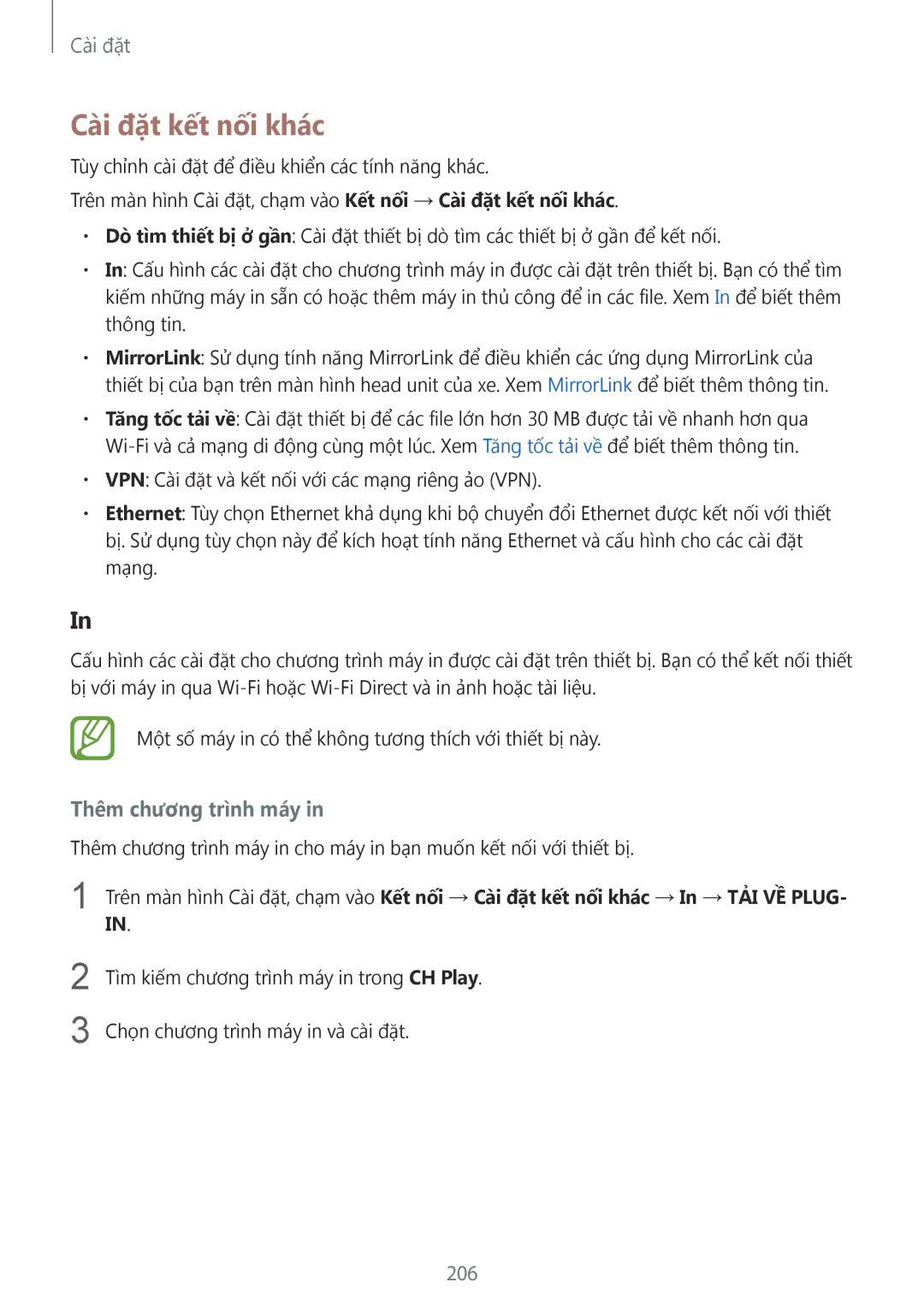 Samsung SM-N950FZKDXXV, SM-N950FZDDXXV, SM-N950FZVDXXV manual Cài đặt kết nối khác, Thêm chương trình máy, 206 