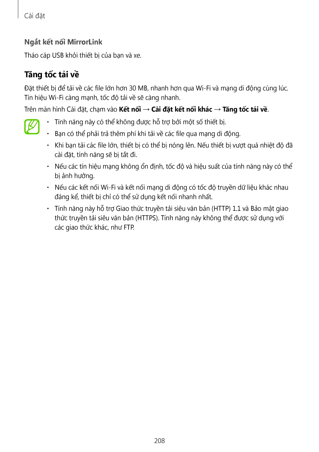 Samsung SM-N950FZVDXXV, SM-N950FZDDXXV, SM-N950FZKDXXV manual Tăng tốc tải về, Ngắt kết nối MirrorLink, 208 