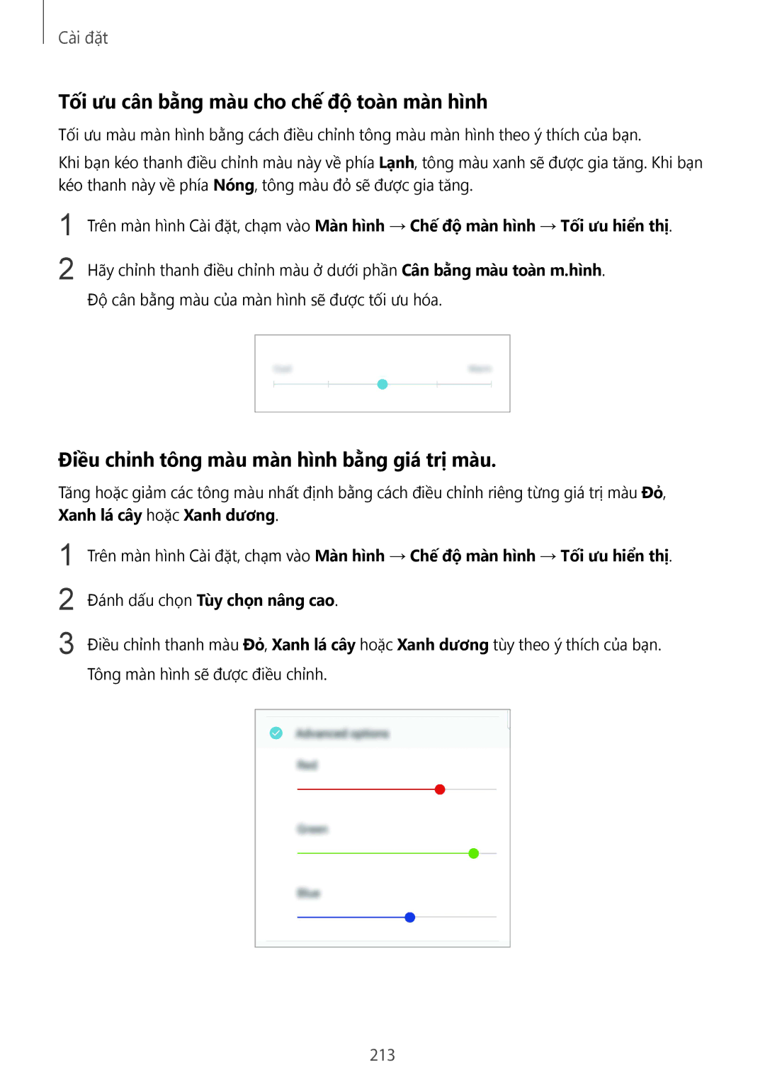 Samsung SM-N950FZDDXXV Tối ưu cân bằng màu cho chế độ toàn màn hình, Điều chỉnh tông màu màn hình bằng giá trị màu, 213 
