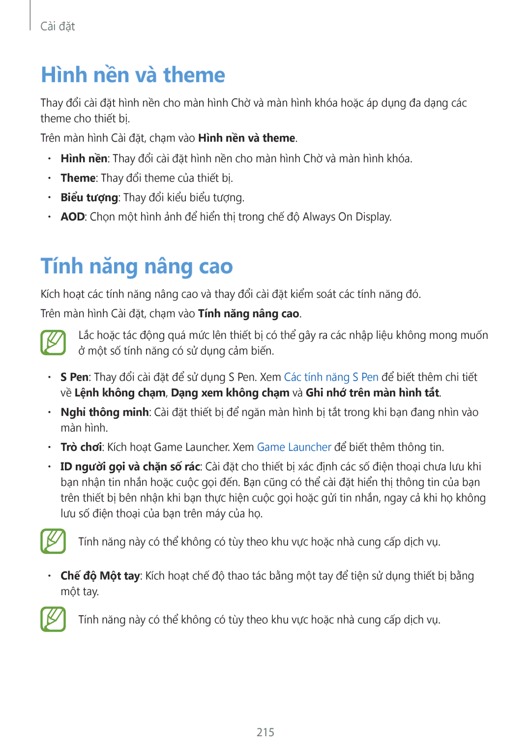 Samsung SM-N950FZKDXXV, SM-N950FZDDXXV, SM-N950FZVDXXV manual Hình nền và theme, Tính năng nâng cao, 215 