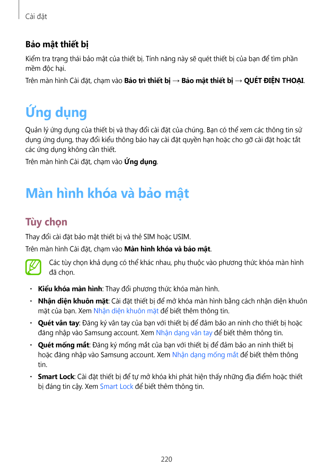 Samsung SM-N950FZVDXXV, SM-N950FZDDXXV, SM-N950FZKDXXV manual Ứng dụng, Màn hình khóa và bảo mật, Bảo mật thiết bị, 220 