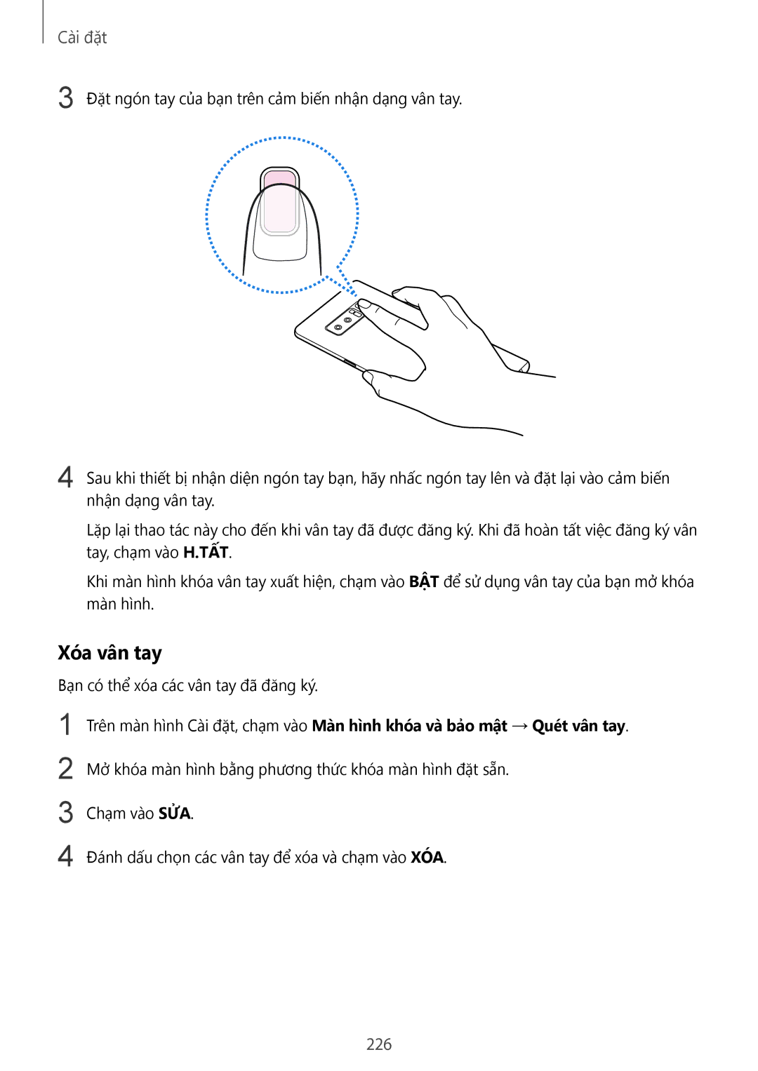 Samsung SM-N950FZVDXXV, SM-N950FZDDXXV, SM-N950FZKDXXV manual Xóa vân tay, 226 