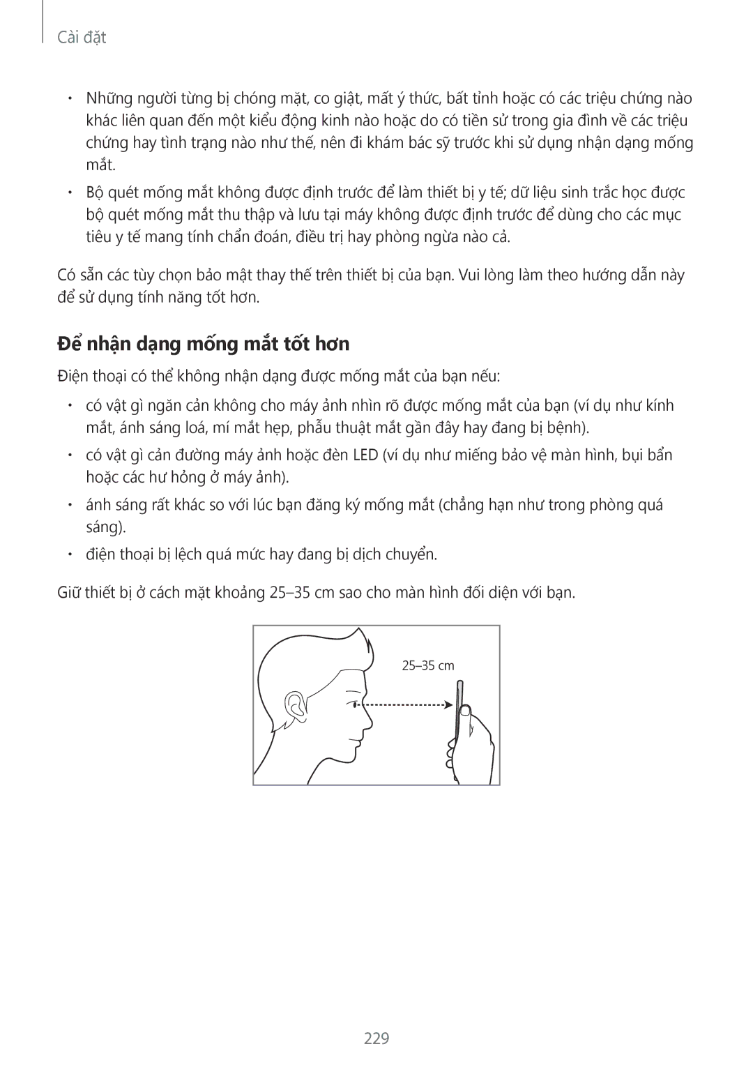 Samsung SM-N950FZVDXXV, SM-N950FZDDXXV, SM-N950FZKDXXV manual Để nhận dạng mống mắt tốt hơn, 229 
