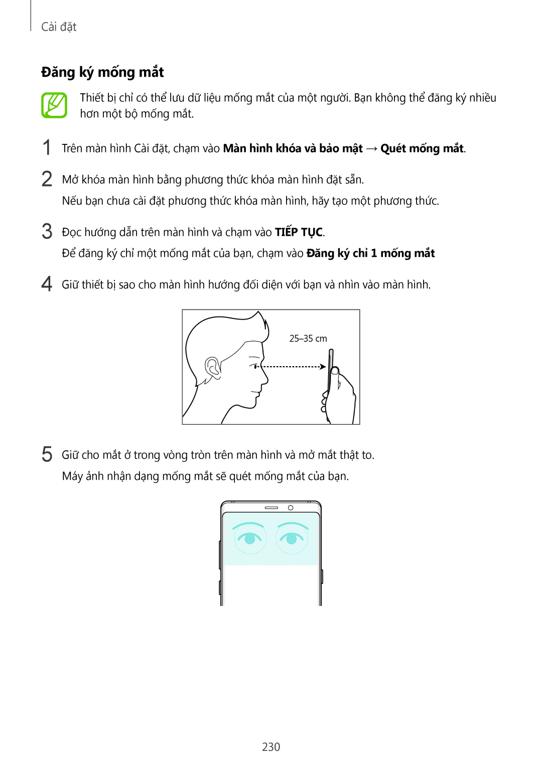 Samsung SM-N950FZKDXXV, SM-N950FZDDXXV, SM-N950FZVDXXV manual Đăng ký mống mắt, 230 
