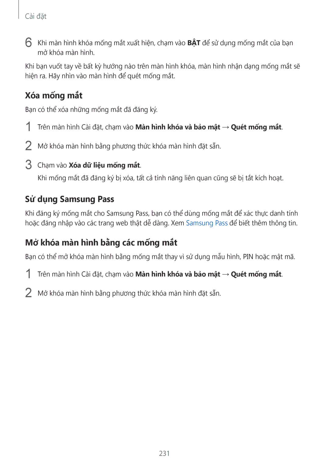 Samsung SM-N950FZDDXXV manual Xóa mống mắt, Mở khóa màn hình bằng các mống mắt, 231, Chạm vào Xóa dữ liệu mống mắt 