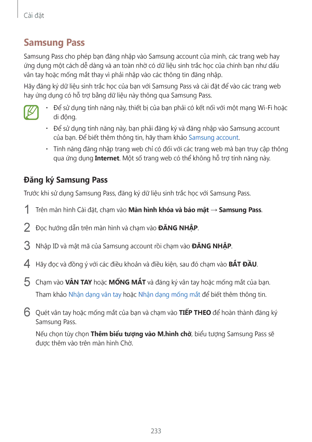 Samsung SM-N950FZKDXXV, SM-N950FZDDXXV, SM-N950FZVDXXV manual Đăng ký Samsung Pass, 233 