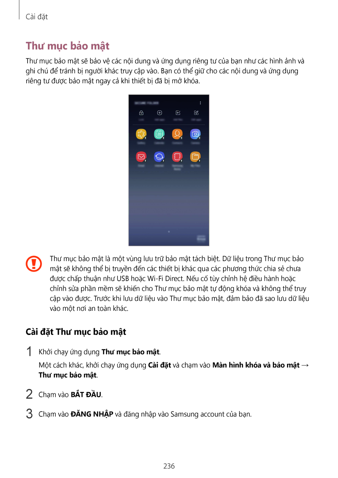 Samsung SM-N950FZKDXXV, SM-N950FZDDXXV, SM-N950FZVDXXV manual Cài đặt Thư mục bảo mật, 236 