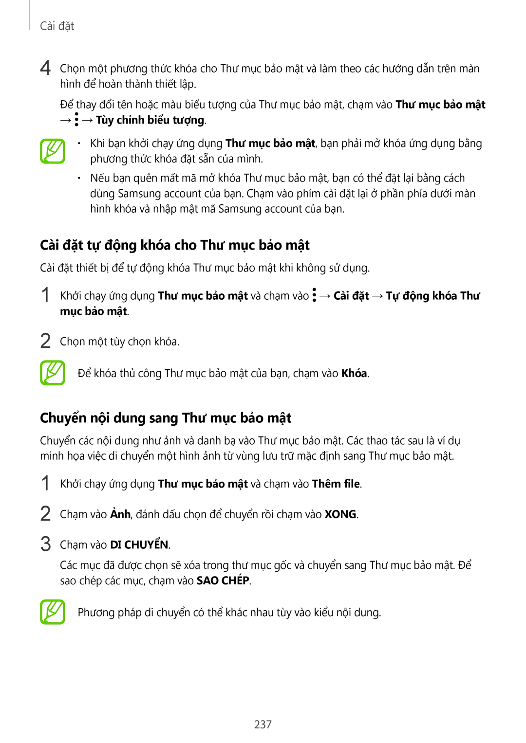 Samsung SM-N950FZDDXXV, SM-N950FZVDXXV Cài đặt tự động khóa cho Thư mục bảo mật, Chuyển nội dung sang Thư mục bảo mật, 237 