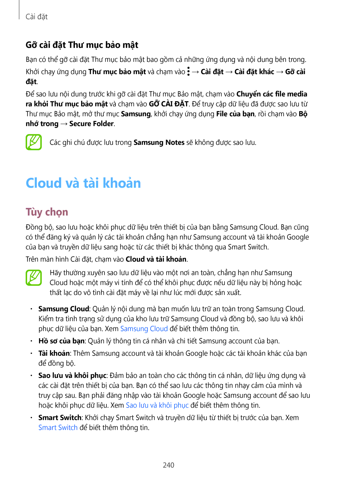 Samsung SM-N950FZDDXXV, SM-N950FZVDXXV, SM-N950FZKDXXV manual Cloud và tài khoản, Gỡ cài đặt Thư mục bảo mật, 240 