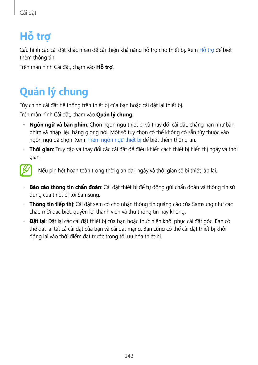 Samsung SM-N950FZKDXXV, SM-N950FZDDXXV, SM-N950FZVDXXV manual Hỗ trợ, Quản lý chung, 242 