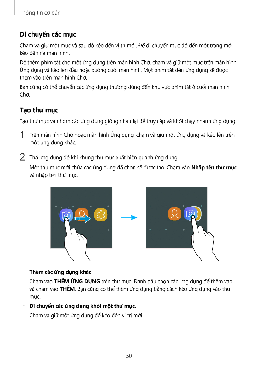 Samsung SM-N950FZKDXXV, SM-N950FZDDXXV, SM-N950FZVDXXV manual Di chuyển các mục, Tạo thư mục, Thêm các ứng dụng khác 