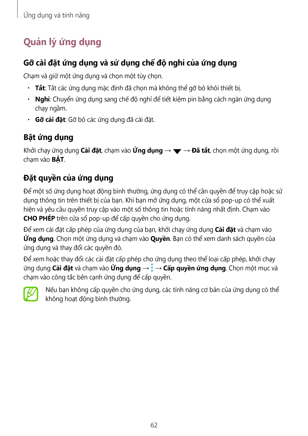 Samsung SM-N950FZKDXXV manual Quản lý ứng dụng, Gỡ cài đặt ứng dụng và sử dụng chế độ nghỉ của ứng dụng, Bật ứng dụng 