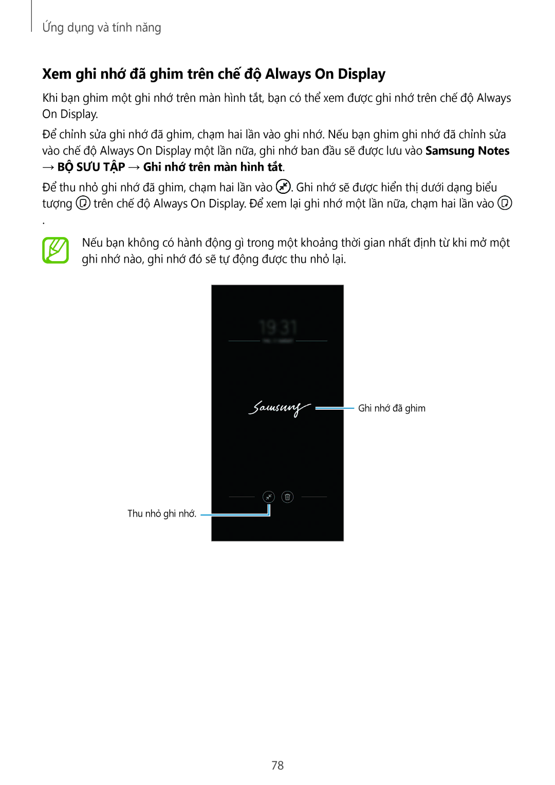 Samsung SM-N950FZDDXXV manual Xem ghi nhớ đã ghim trên chế độ Always On Display, → BỘ SƯU TẬP → Ghi nhớ trên màn hình tắt 