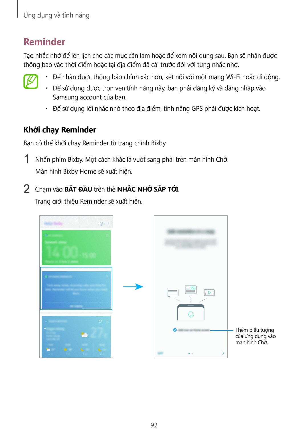 Samsung SM-N950FZKDXXV, SM-N950FZDDXXV, SM-N950FZVDXXV Khởi chạy Reminder, Chạm vào BẮT ĐẦU trên thẻ Nhắc NHỞ SẮP TỚI 
