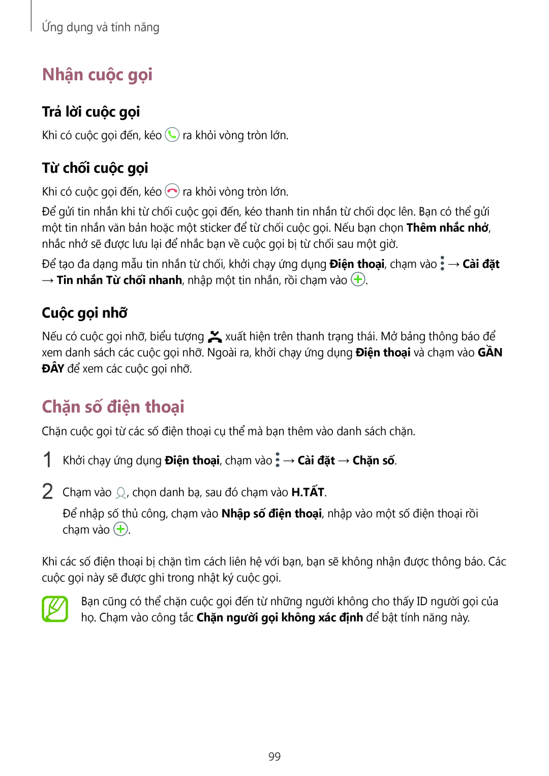 Samsung SM-N950FZDDXXV, SM-N950FZVDXXV Nhận cuộc gọi, Chặn số điện thoại, Trả lời cuộc gọi, Tư chối cuôc goi, Cuộc gọi nhỡ 