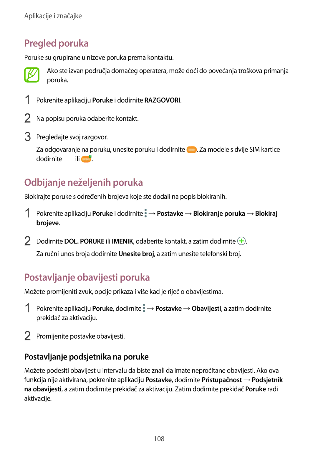 Samsung SM-N950FZKACRO manual Pregled poruka, Odbijanje neželjenih poruka, Postavljanje obavijesti poruka, Brojeve 