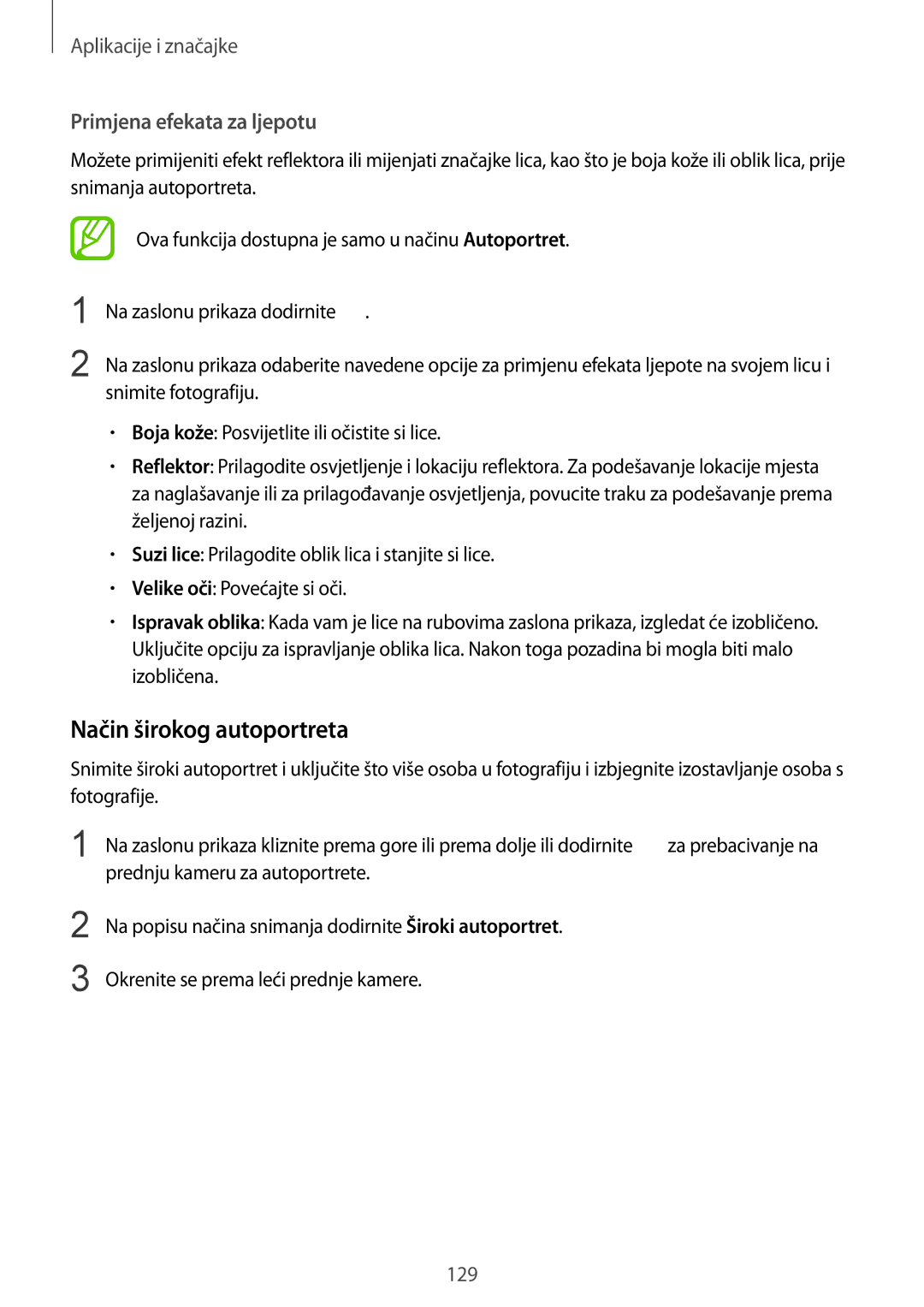Samsung SM-N950FZDACRO, SM-N950FZKACRO, SM-N950FZDASEE manual Način širokog autoportreta, Primjena efekata za ljepotu 