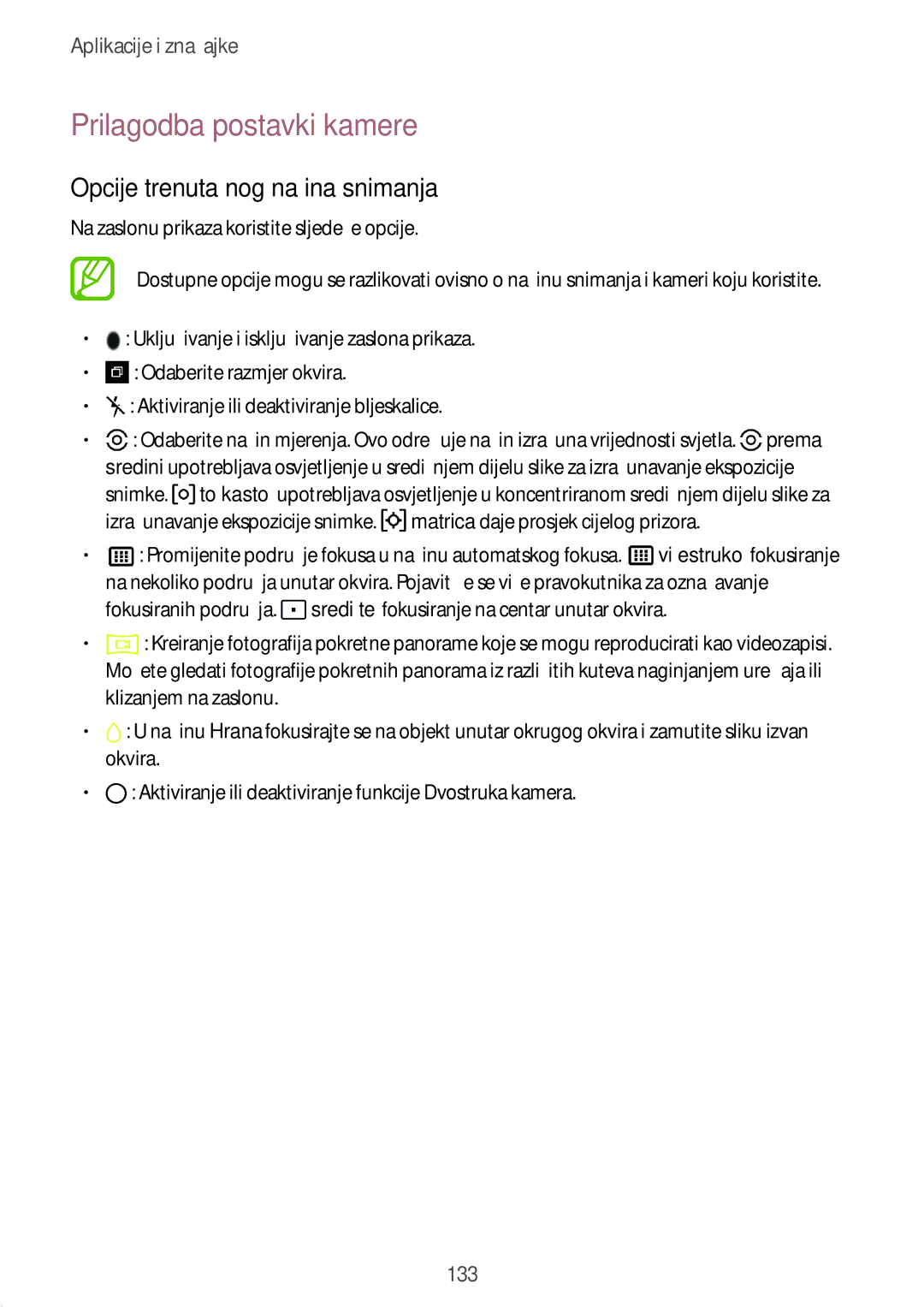 Samsung SM-N950FZDACRO, SM-N950FZKACRO, SM-N950FZDASEE manual Prilagodba postavki kamere, Opcije trenutačnog načina snimanja 