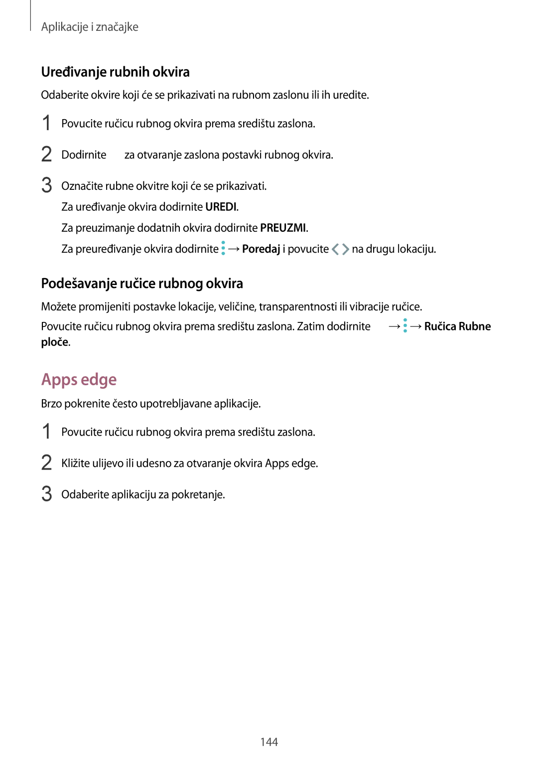 Samsung SM-N950FZKACRO, SM-N950FZDACRO manual Apps edge, Uređivanje rubnih okvira, Podešavanje ručice rubnog okvira, Ploče 