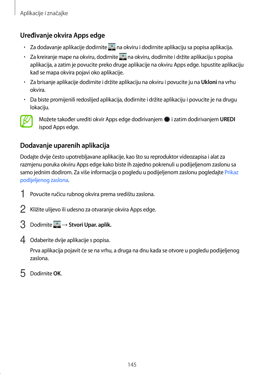 Samsung SM-N950FZDACRO manual Uređivanje okvira Apps edge, Dodavanje uparenih aplikacija, Dodirnite →Stvori Upar. aplik 