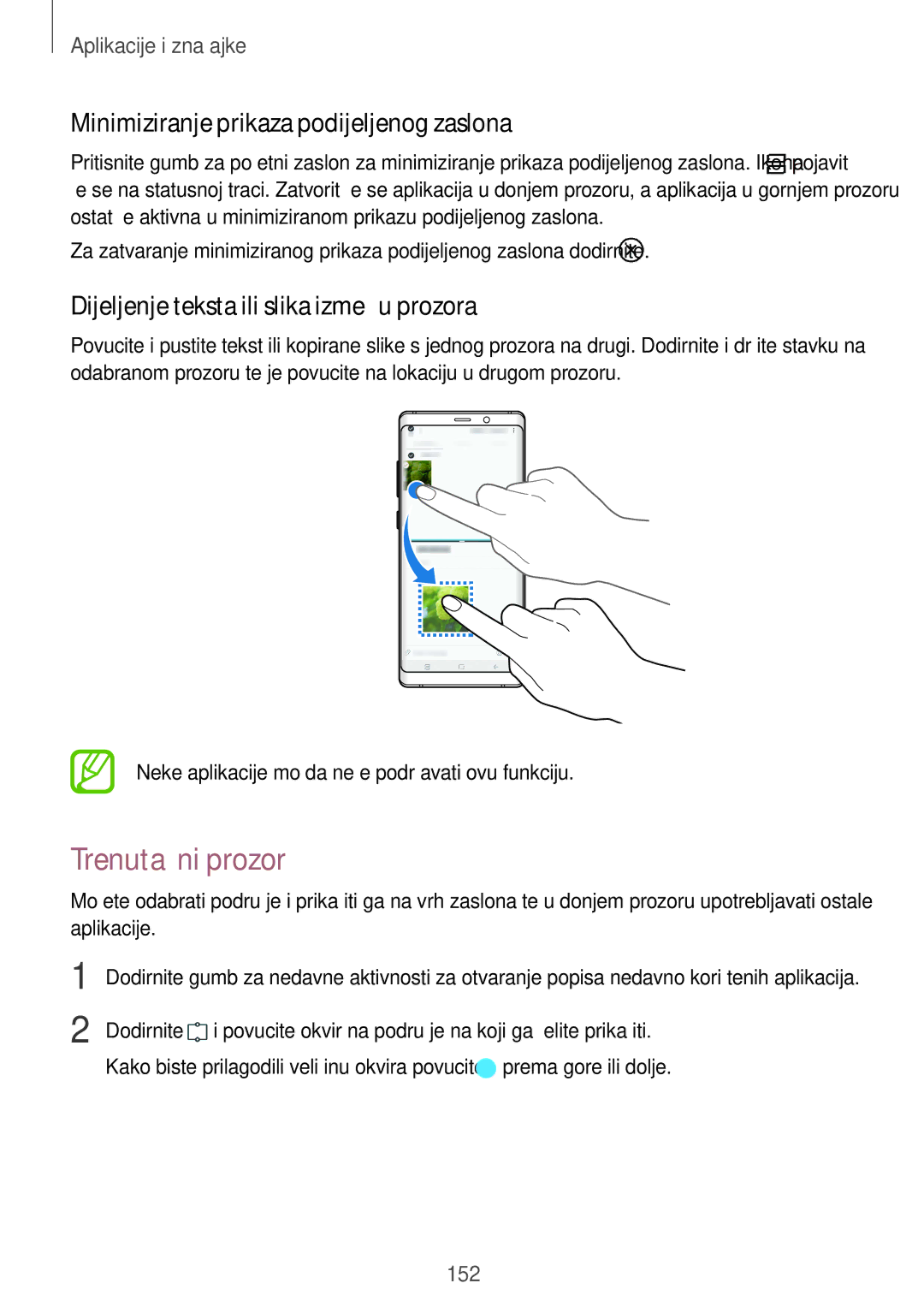 Samsung SM-N950FZKACRO, SM-N950FZDACRO, SM-N950FZDASEE manual Trenutačni prozor, Minimiziranje prikaza podijeljenog zaslona 