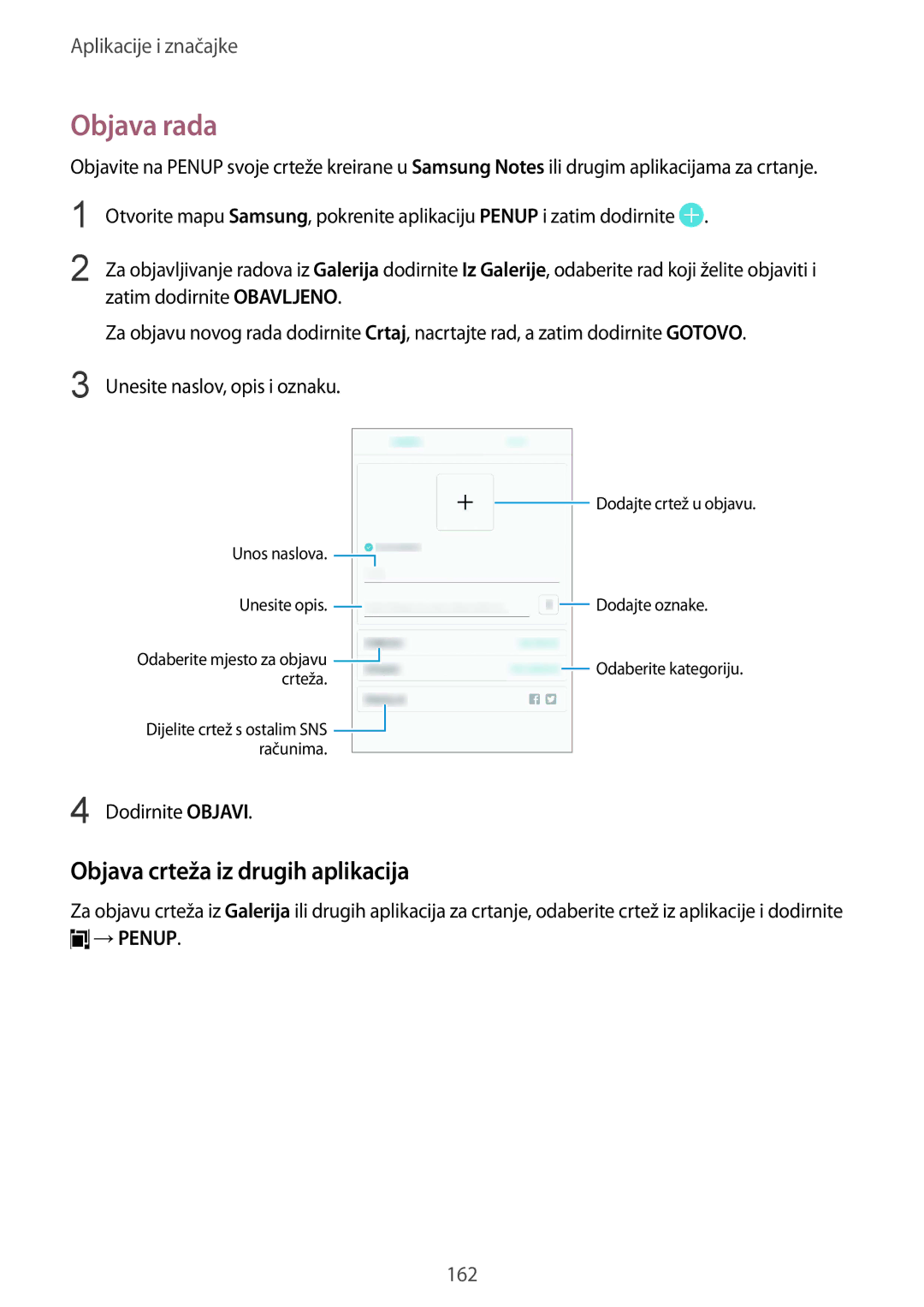 Samsung SM-N950FZDASEE manual Objava rada, Objava crteža iz drugih aplikacija, Zatim dodirnite Obavljeno, Dodirnite Objavi 