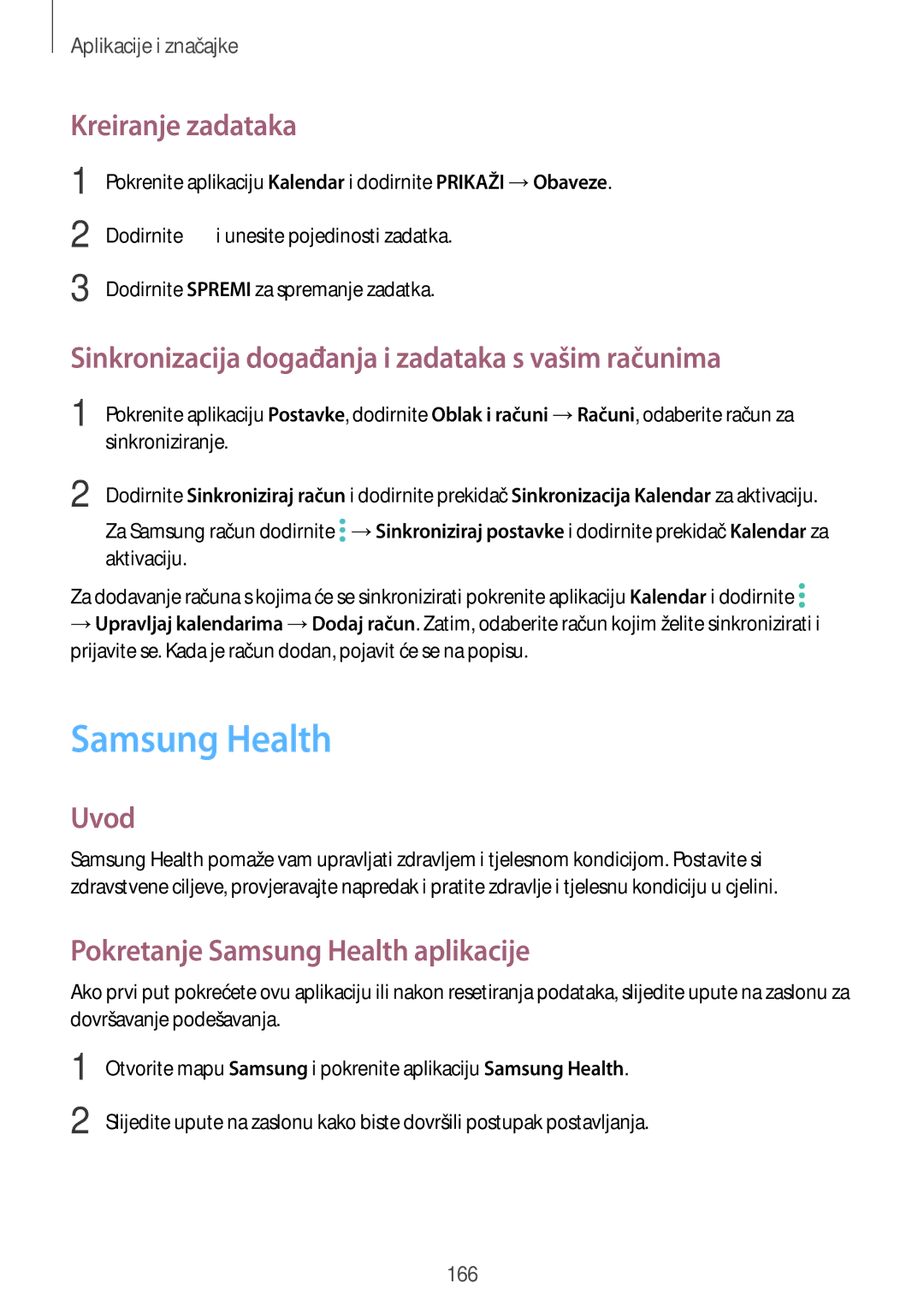 Samsung SM-N950FZDASEE manual Samsung Health, Kreiranje zadataka, Sinkronizacija događanja i zadataka s vašim računima 