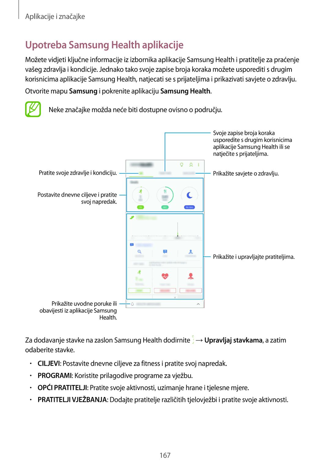 Samsung SM-N950FZKASEE, SM-N950FZKACRO manual Upotreba Samsung Health aplikacije, Pratite svoje zdravlje i kondiciju 