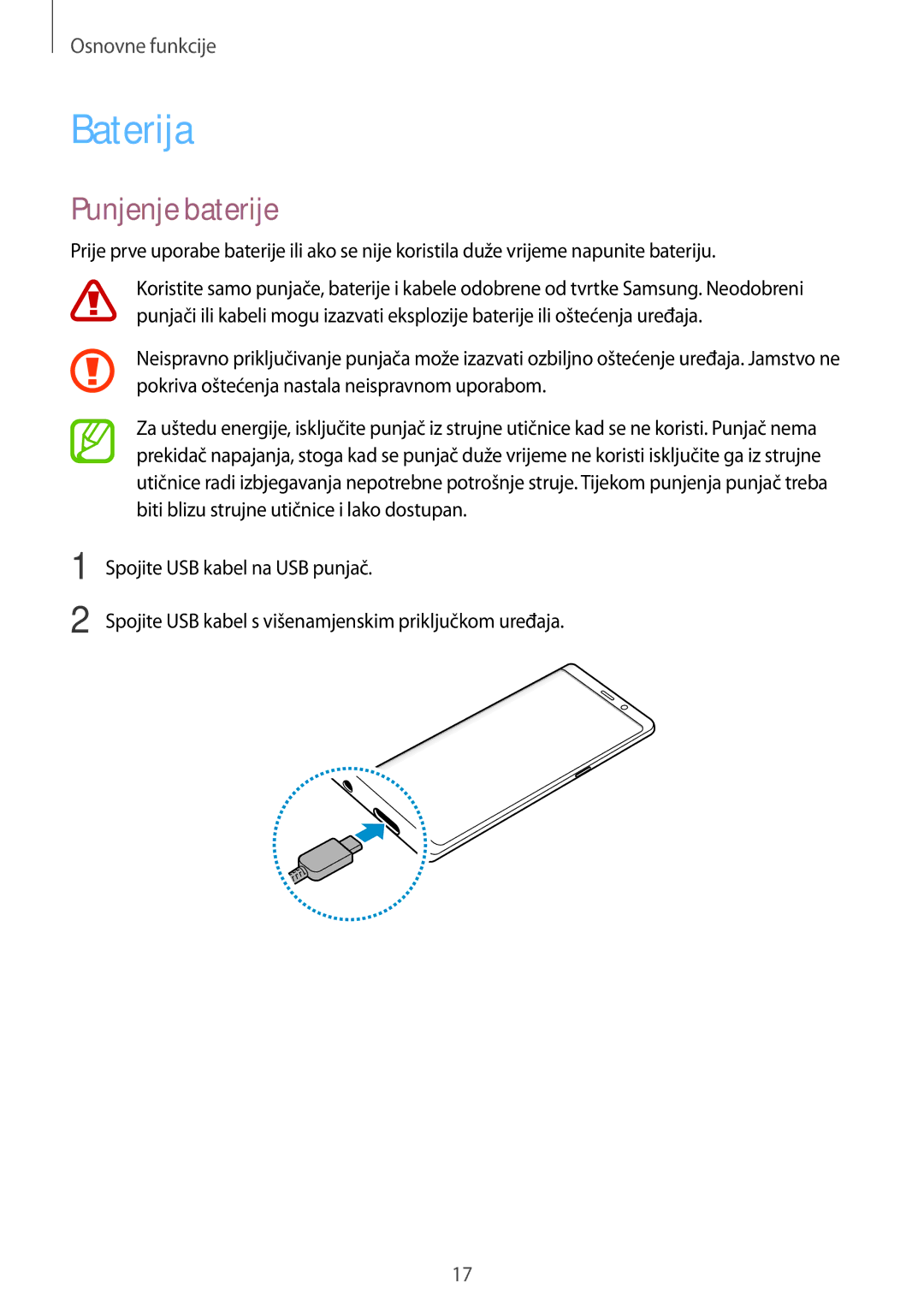 Samsung SM-N950FZDACRO, SM-N950FZKACRO, SM-N950FZDASEE, SM-N950FZKASEE manual Baterija, Punjenje baterije 